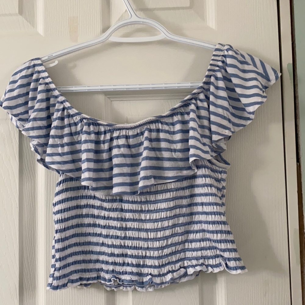 Blue and white stripped off the shoulder shirt